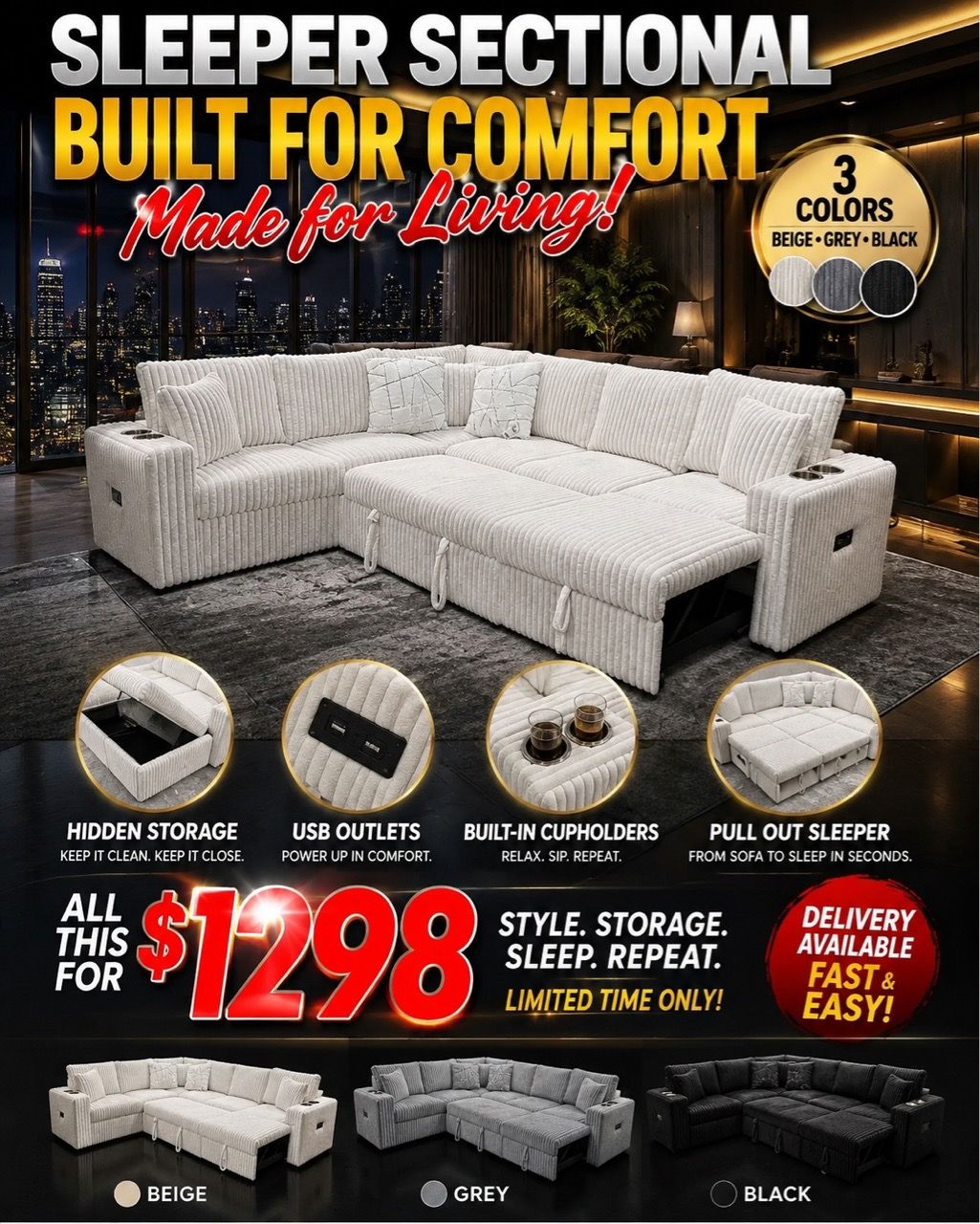 Sleeper Sectional with Storage, Cupholders, and USB