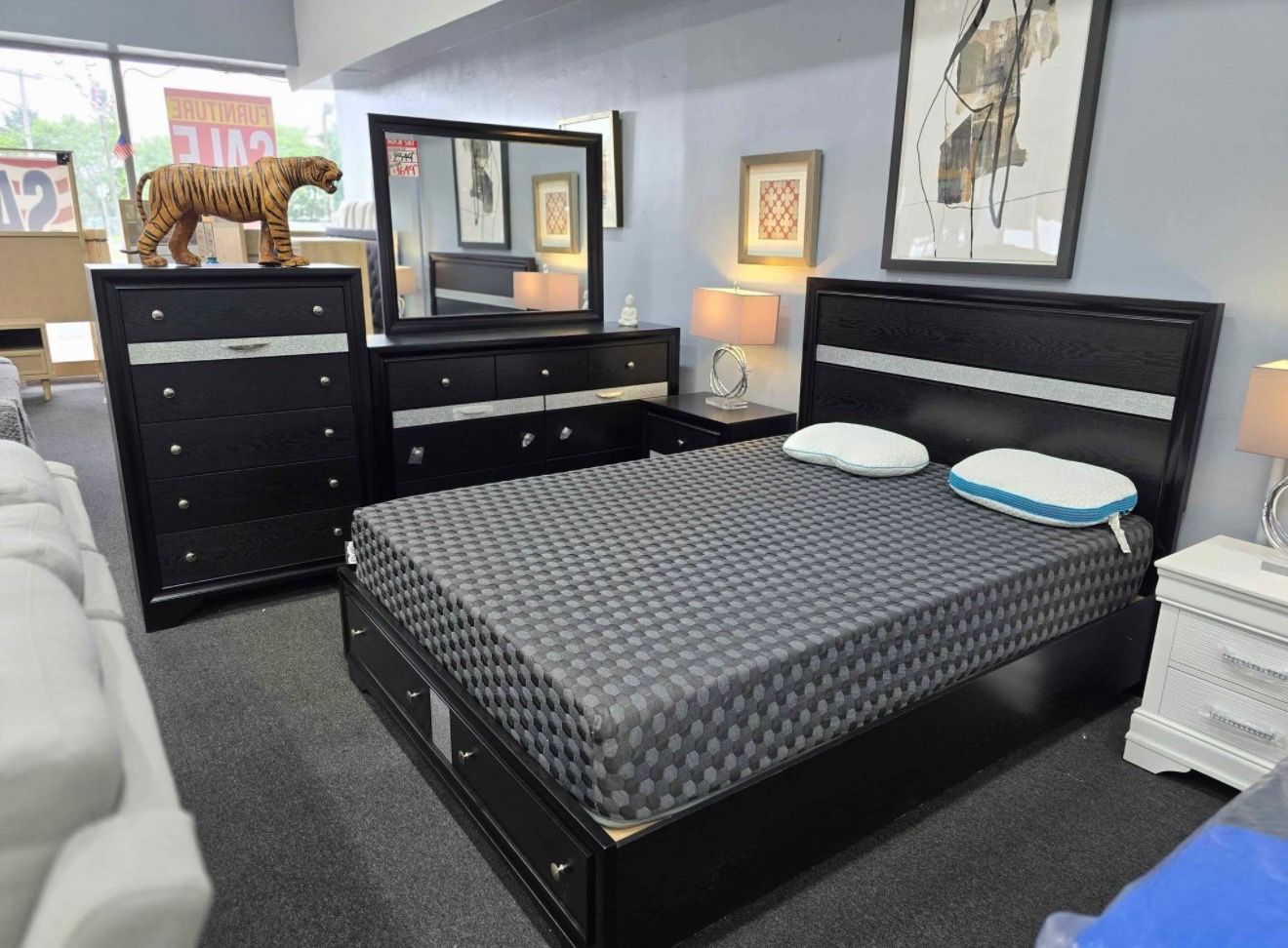 Full or Queen Size Bed With Storage, Dresser, Mirror, Chest