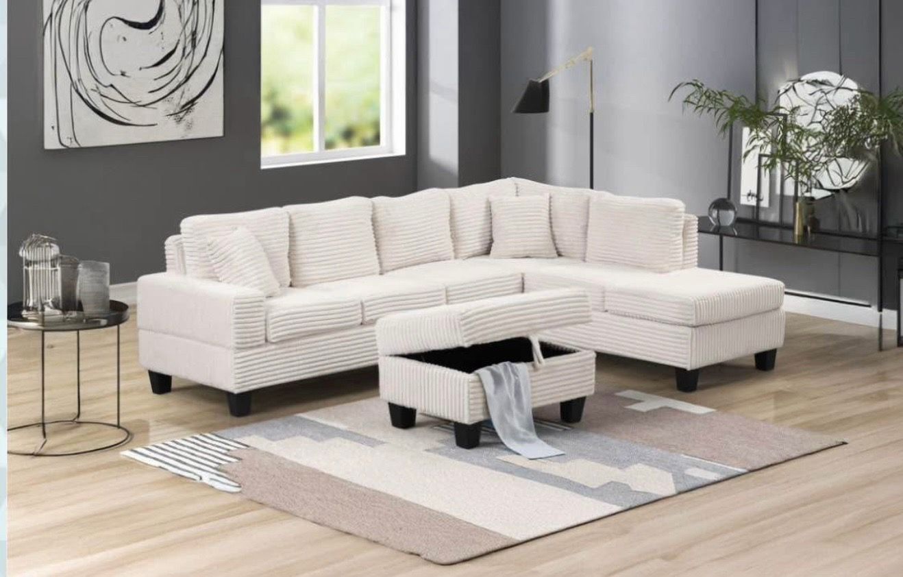Cozy Corduroy Sectional – now with a FREE Storage Ottoman!