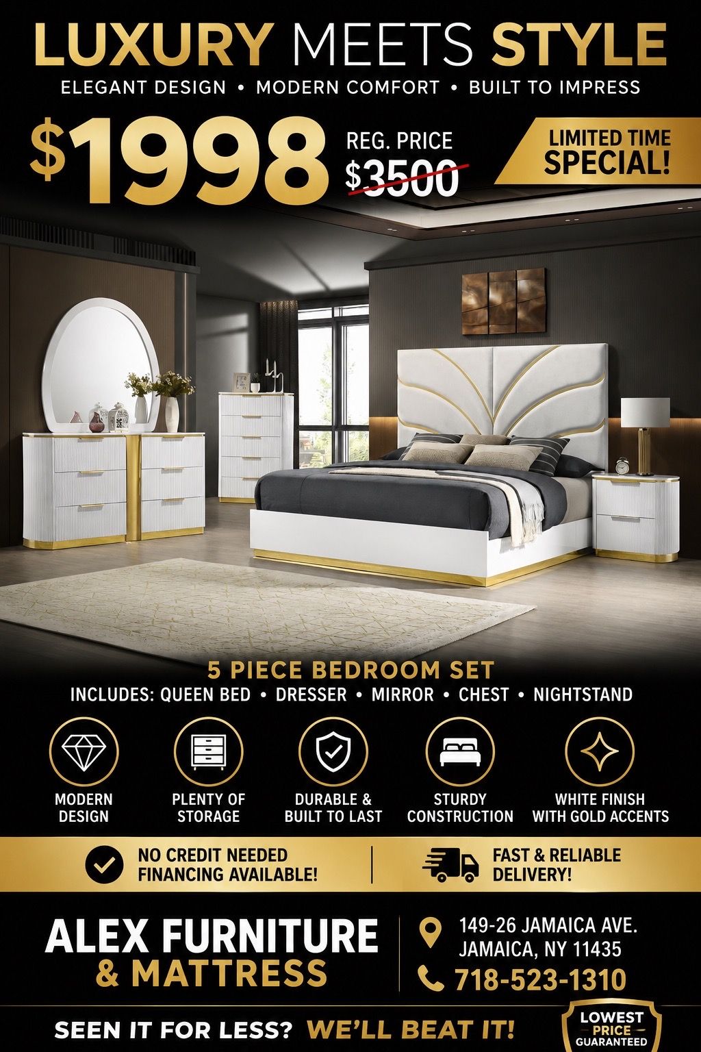Luxury White & Gold 5-Piece Bedroom Set