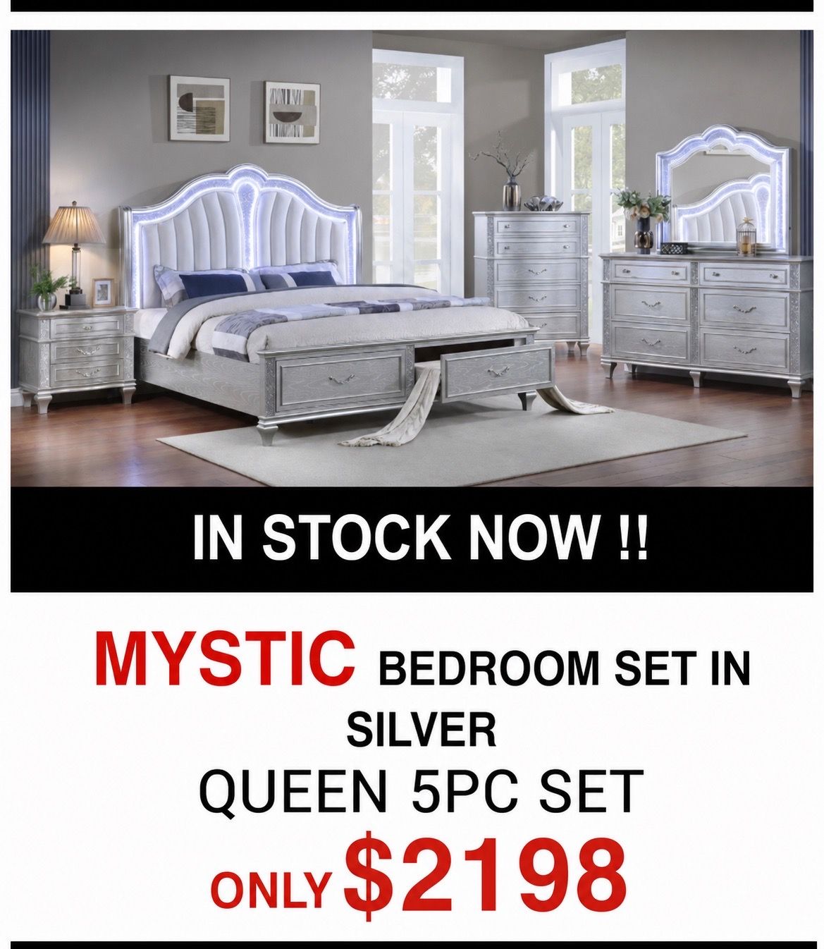 Mystic 5-Piece Bedroom Set - Silver Finish with LED
