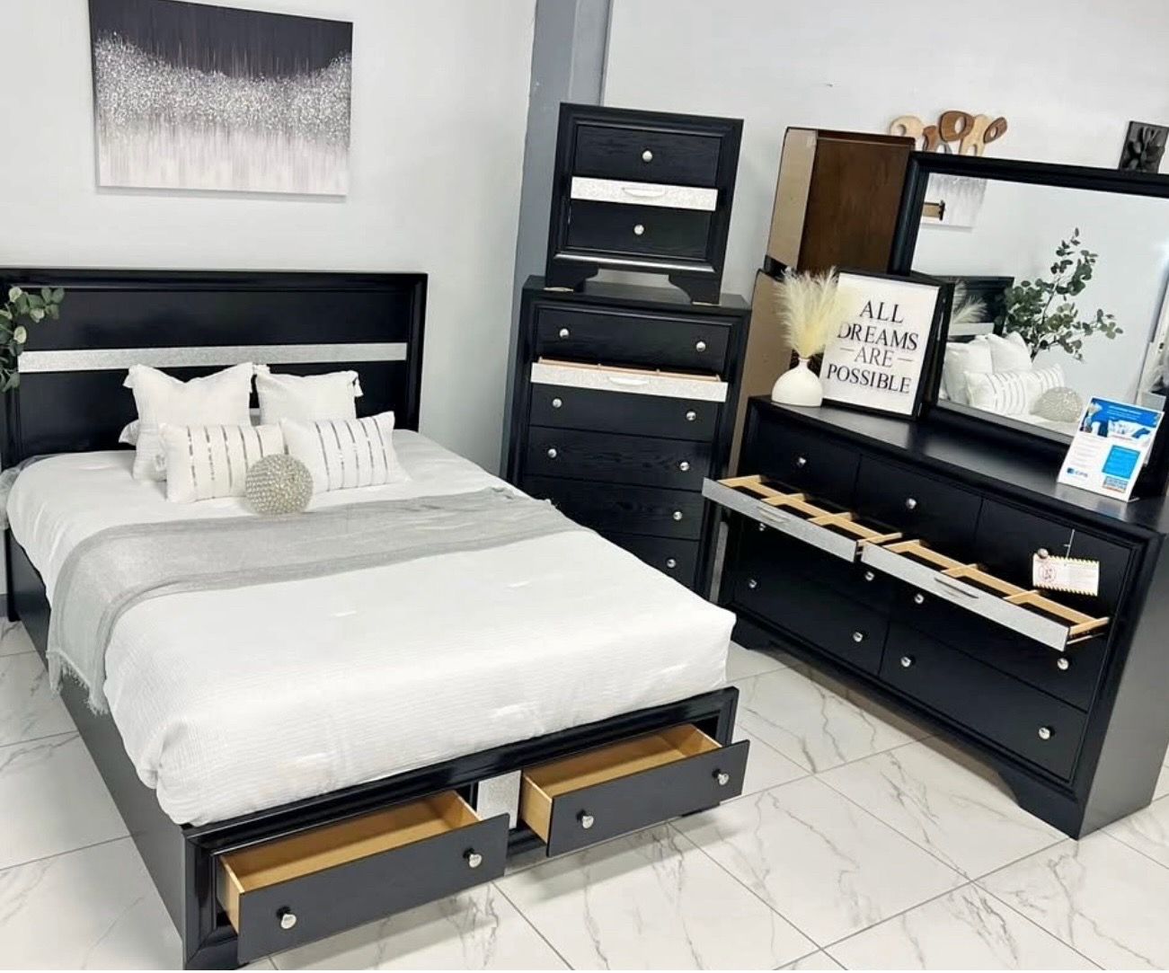 Full or Queen Size Bed with Storage, Dresser, Chest & Nightstand