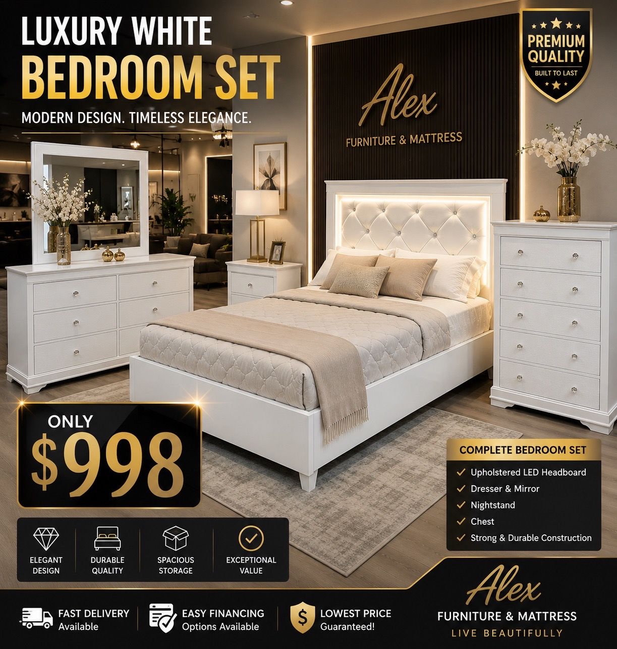 LUXURY WHITE BEDROOM SET – ONLY $998!