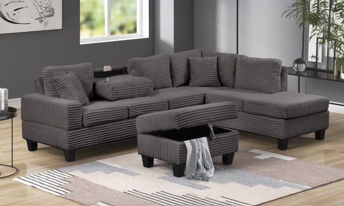 Cozy Corduroy Sectional with Free Storage Ottoman