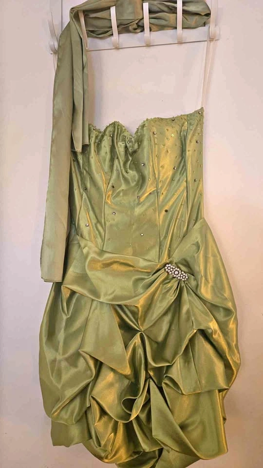 Sage Green Strapless Beaded Ruffled Prom Dress