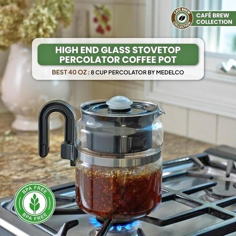 New - Casa Brews Glass Stovetop Coffee Percolator, 8 Cup