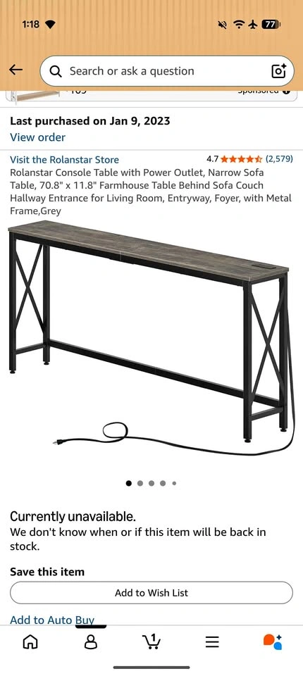 Narrow Sofa Table with Power Outlets