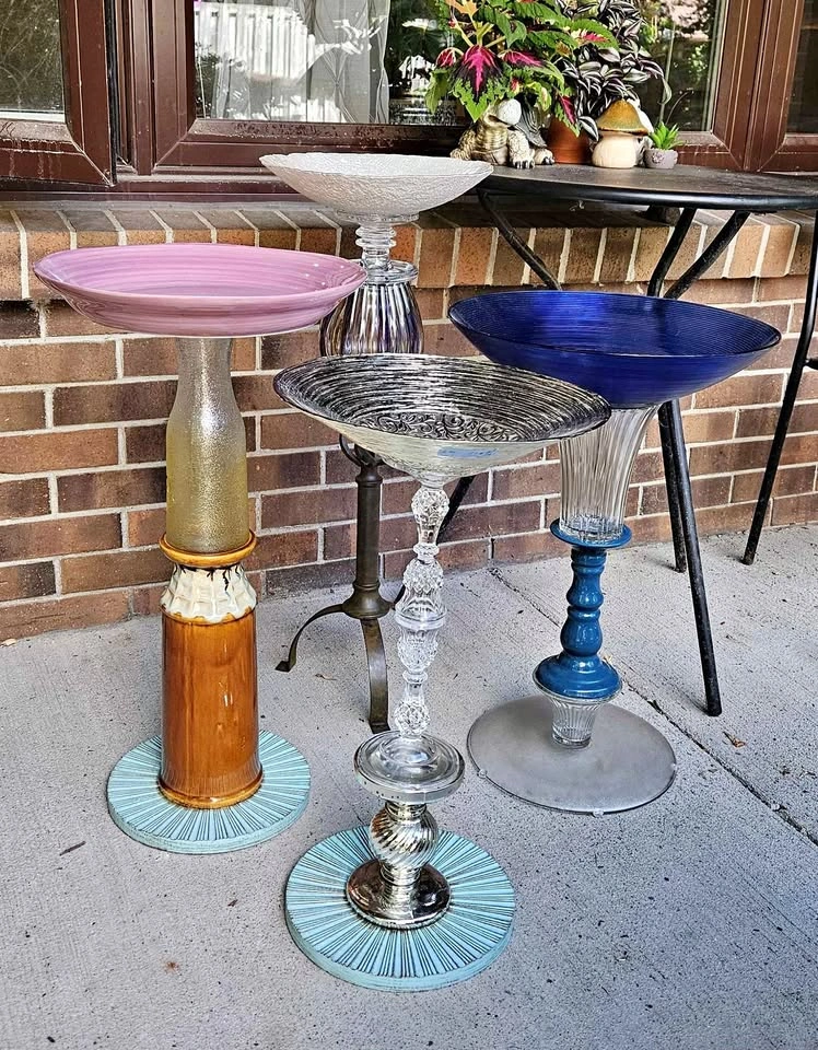 Upcycled Glass & Ceramic Bird Baths – One-of-a-Kind Garden Art!