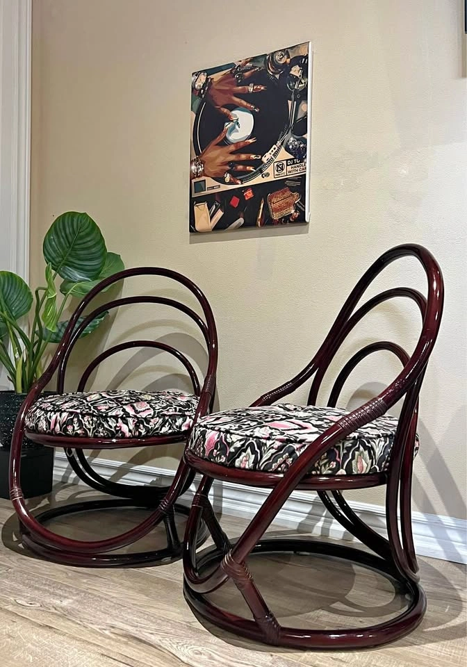 Pair of Vintage Rattan Loop-Back Accent Chairs