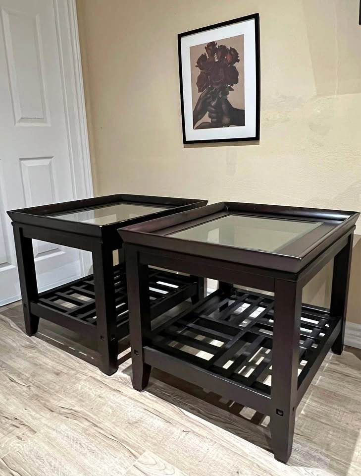 Pair of Dark Espresso Wood Coffee / End Tables with Glass Tops