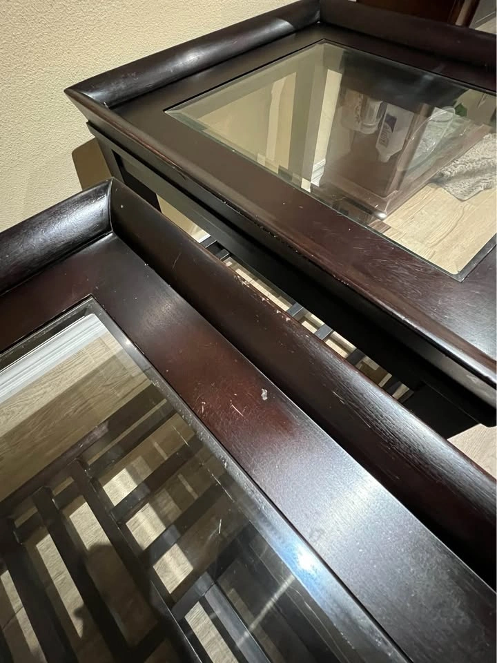 Pair of Dark Espresso Wood Coffee / End Tables with Glass Tops - photo 3