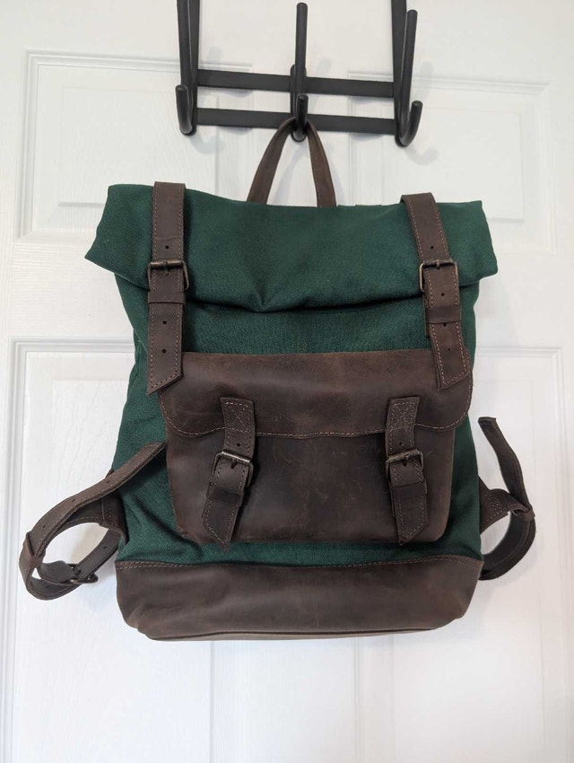 Canvas and Leather Roll-Top Laptop Backpack