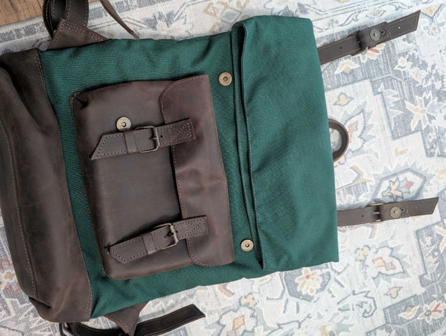 Canvas and Leather Roll-Top Laptop Backpack - photo 2