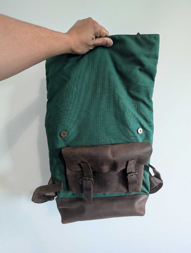 Canvas and Leather Roll-Top Laptop Backpack - photo 3