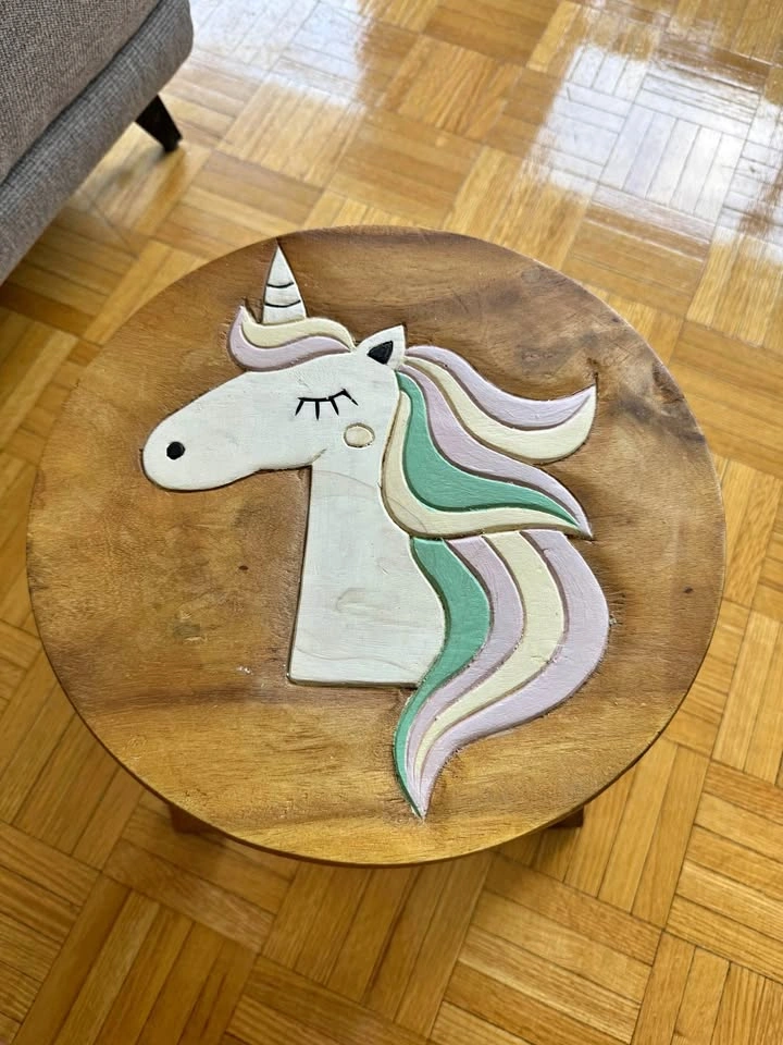 Hand-Carved Wooden Unicorn Stool