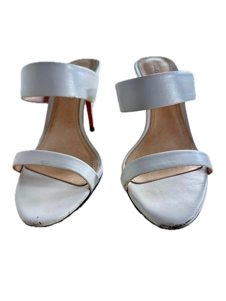 Schutz Ariella White Leather Double Strap Mule High Heel Sandals