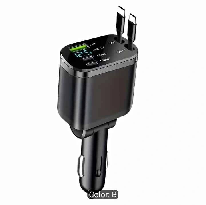 Car Charger with Dual Extension Cords, Type-C, USB, Display