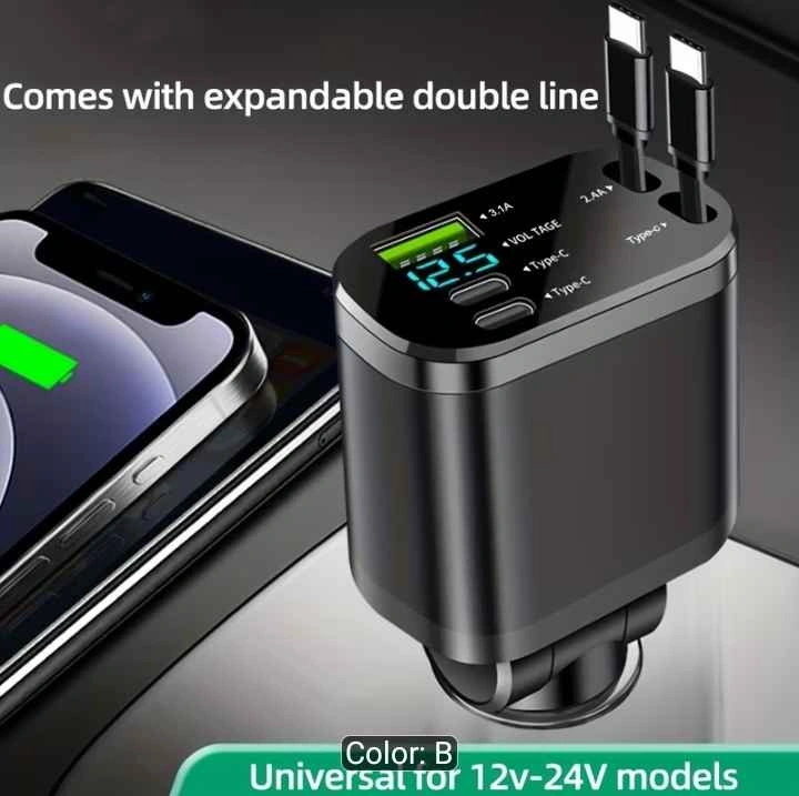 Car Charger with Dual Extension Cords, Type-C, USB, Display - photo 2