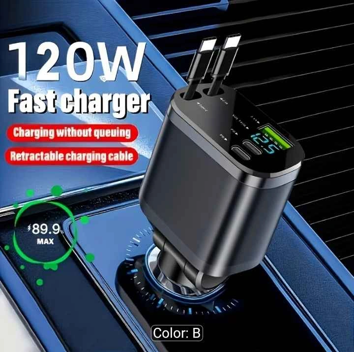 Car Charger with Dual Extension Cords, Type-C, USB, Display - photo 3