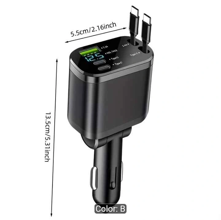 Car Charger with Dual Extension Cords, Type-C, USB, Display - photo 4