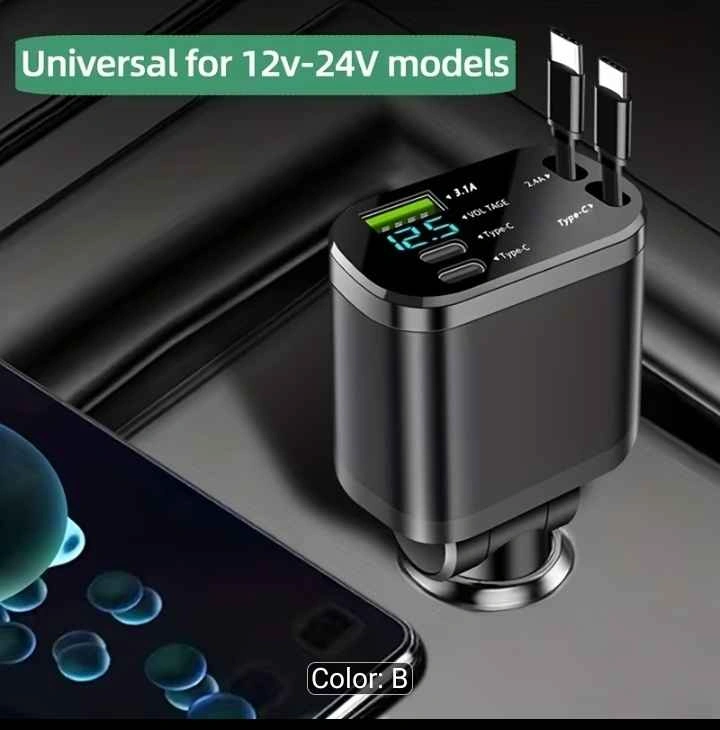 Car Charger with Dual Extension Cords, Type-C, USB, Display - photo 5
