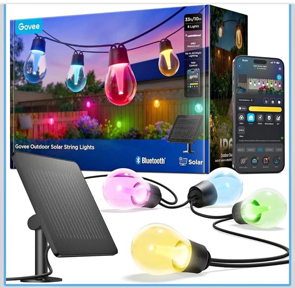 Govee Outdoor Solar String Lights, 33ft with 8 RGBICW Bulbs