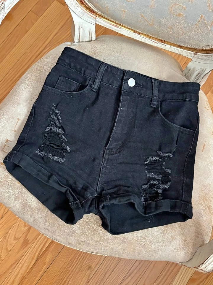 Black Distressed High-Waisted Denim Shorts