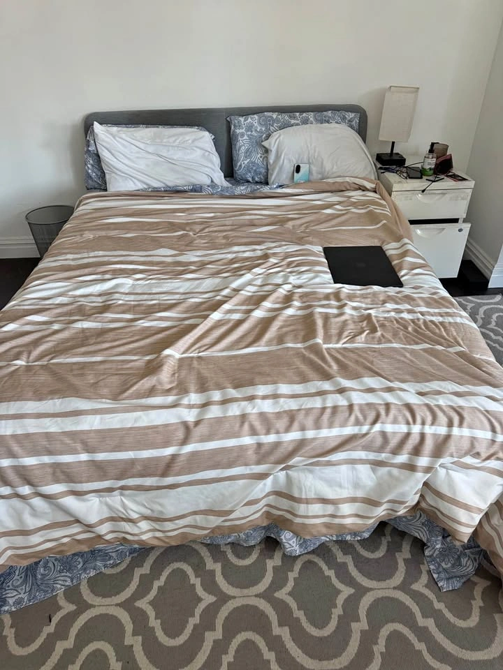 Queen Upholstered Bed, Mattress, 4 pillows, Nightstand - photo 2