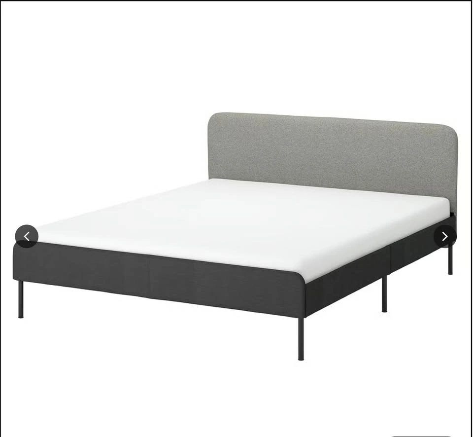 Queen Upholstered Bed, Mattress, 4 pillows, Nightstand