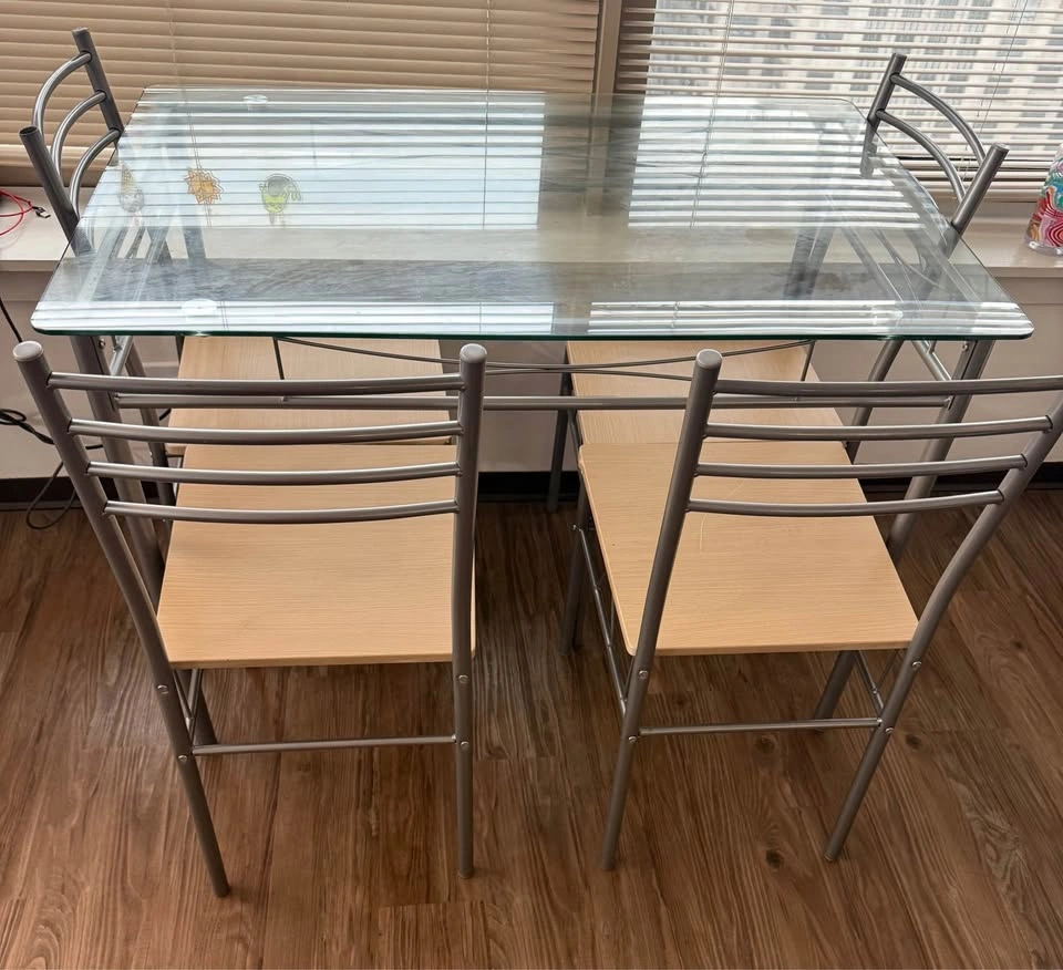 Glass dining table with 4 metal & wood chairs - photo 2