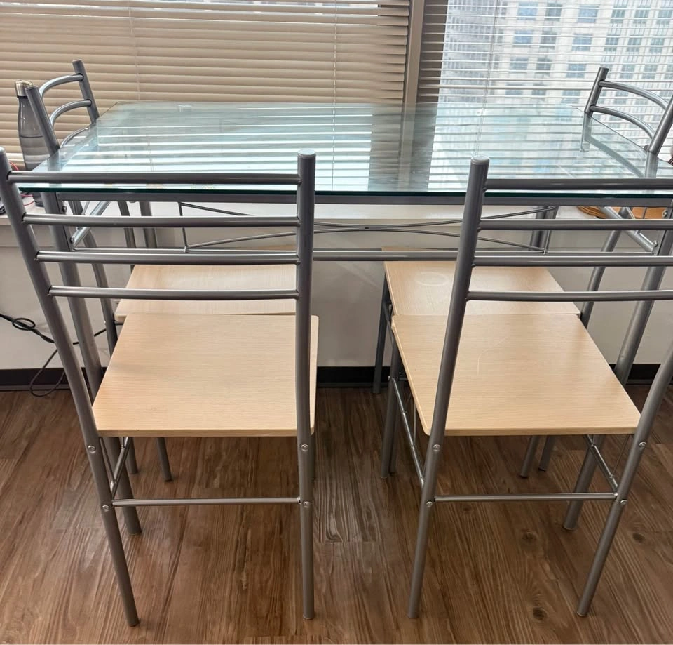 Glass dining table with 4 metal & wood chairs - photo 5