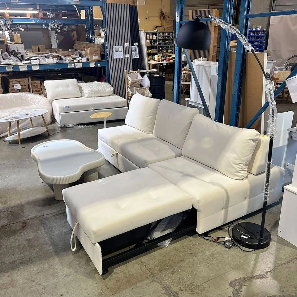 White Tufted Sleeper Sofa, Cloud Coffee Table & Arc Lamp