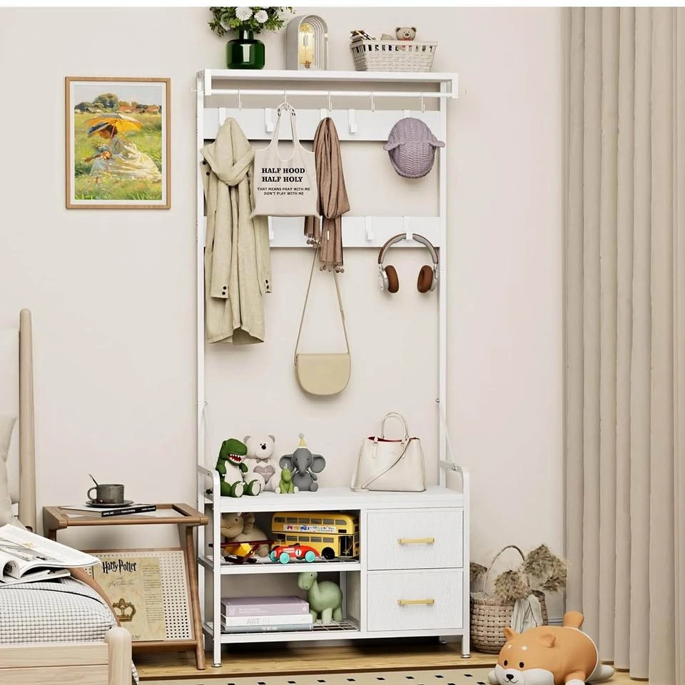 Entryway Bench with Coat Rack, Drawers, and Shoe Storage
