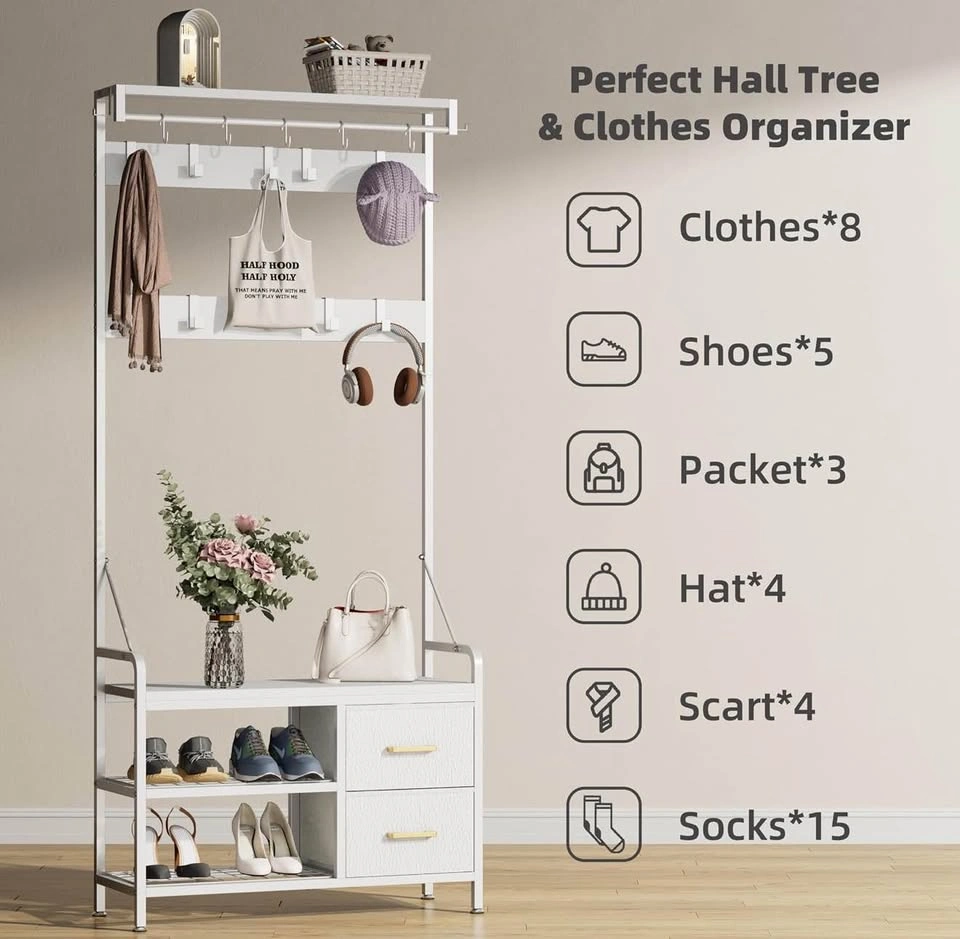 Entryway Bench with Coat Rack, Drawers, and Shoe Storage - photo 3