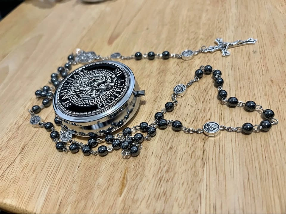 St. Michael Hematite Bead Rosary with Metal Case