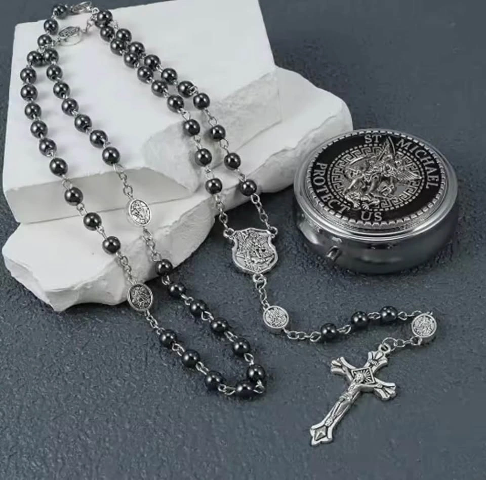 St. Michael Hematite Bead Rosary with Metal Case - photo 2