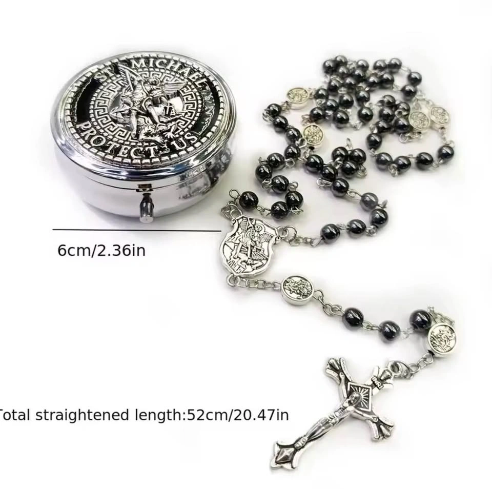 St. Michael Hematite Bead Rosary with Metal Case - photo 3