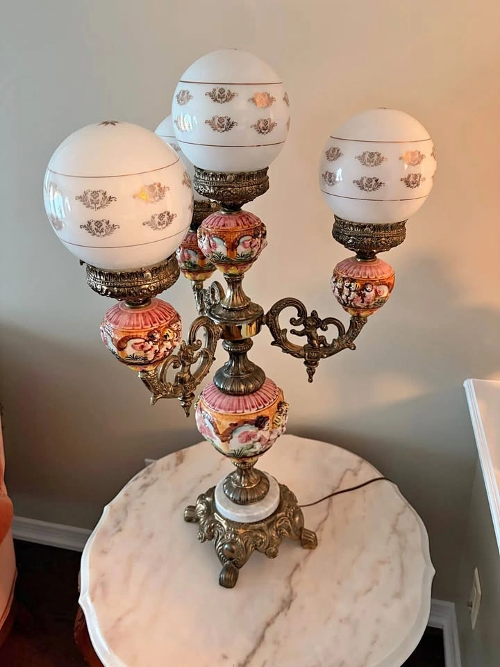 Pair of Large Vintage Capodimonte-Style Cherub 4-Globe Lamps