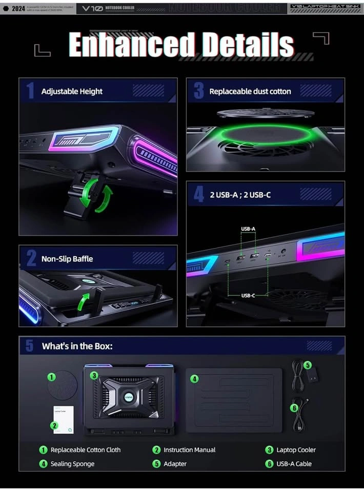 llano V10 Gaming Laptop Cooling Pad, RGB Laptop Cooler Stand - photo 2