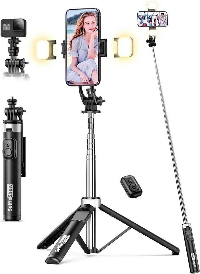 53" Selfie Stick Extendable Tripod with Light & Remote
