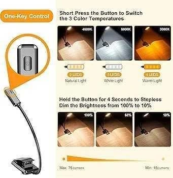 Rechargeable Book Light - 3 Color, Dimmable - 80 Hrs Runtime - photo 3