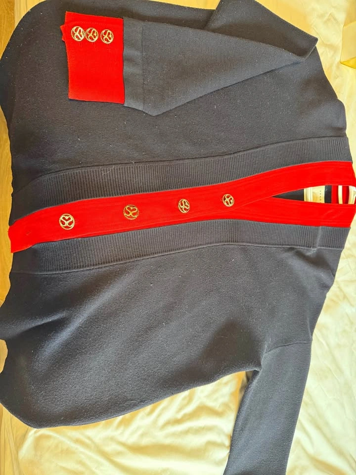 Sandro Navy Blue Cardigan with Red Trim and Gold Buttons