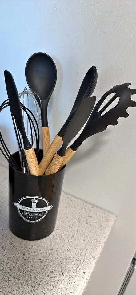 Silicone and Wood Kitchen Utensil Set with Holder