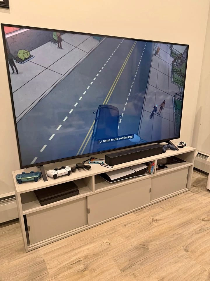 Modern Grey TV Stand with Sliding Doors
