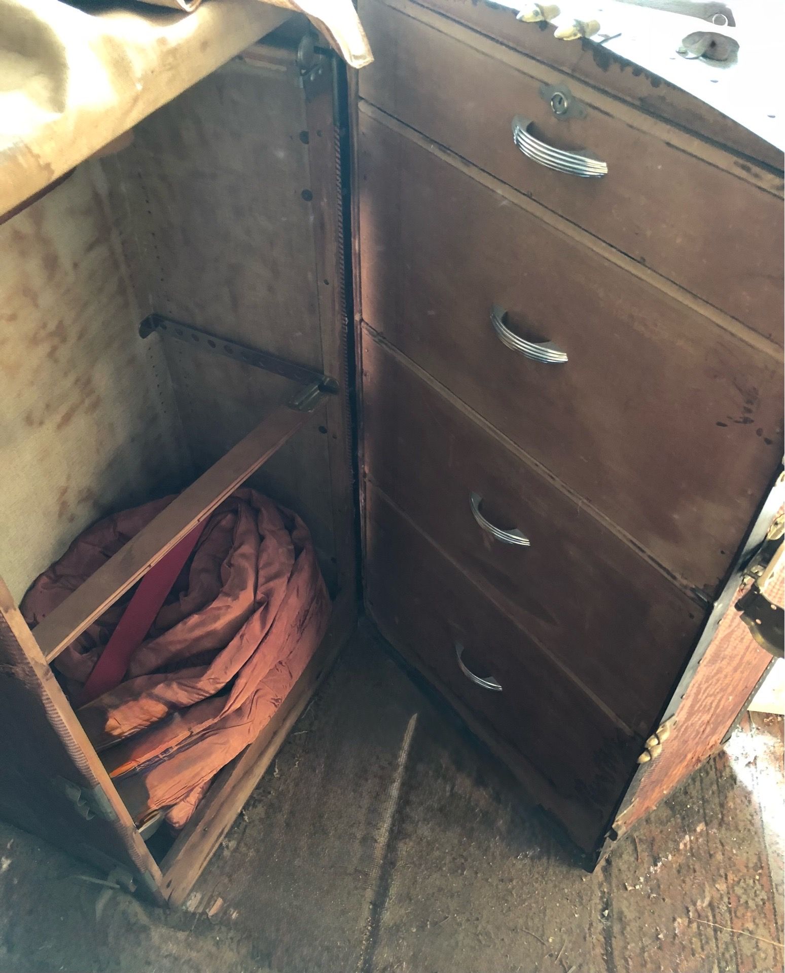 Matched Pair Antique 1920s Art Deco Wardrobe Steamer Trunks
