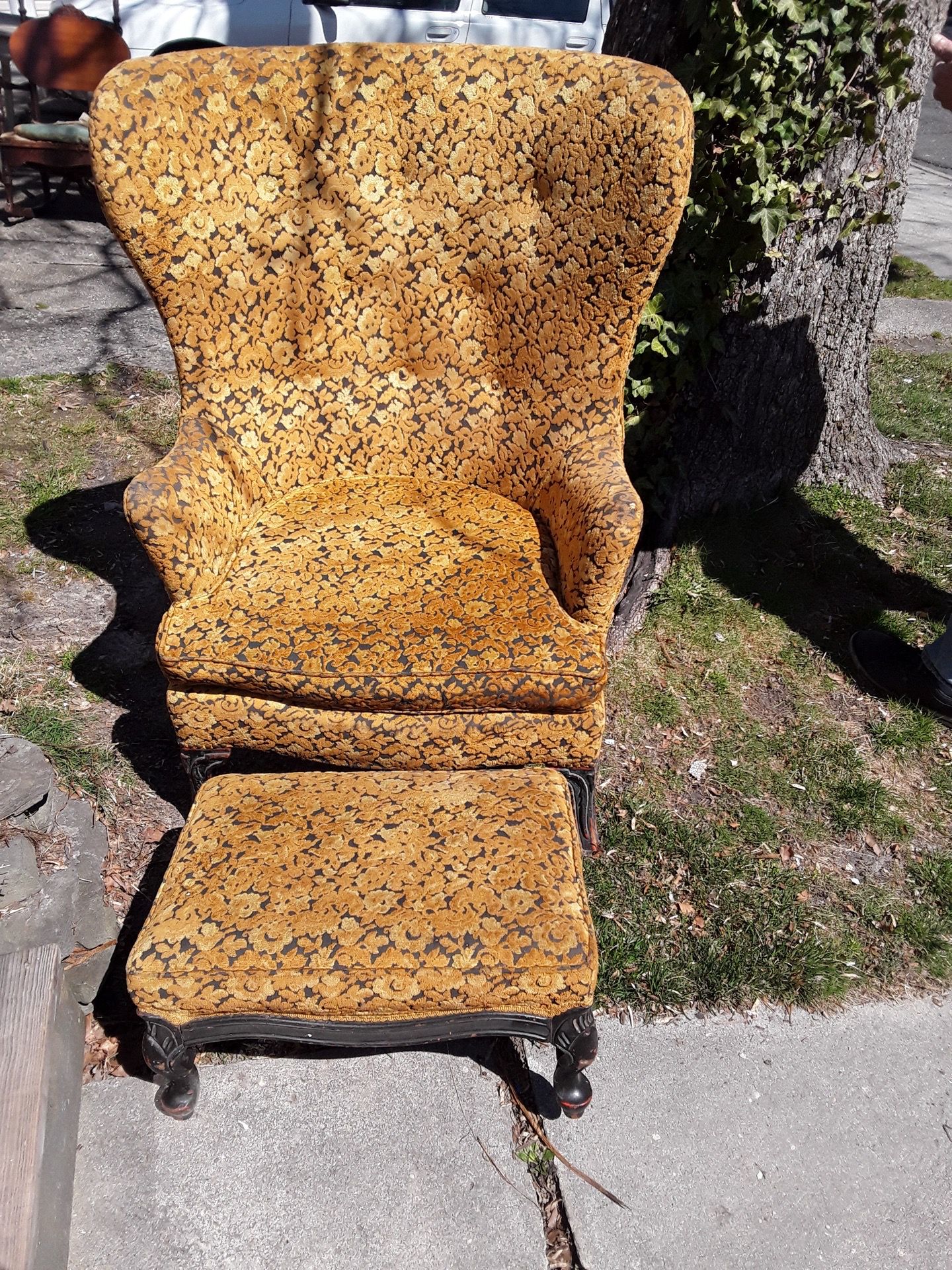 Antique Tall Throne Wingback Chair & Footstool - Claw Feet
