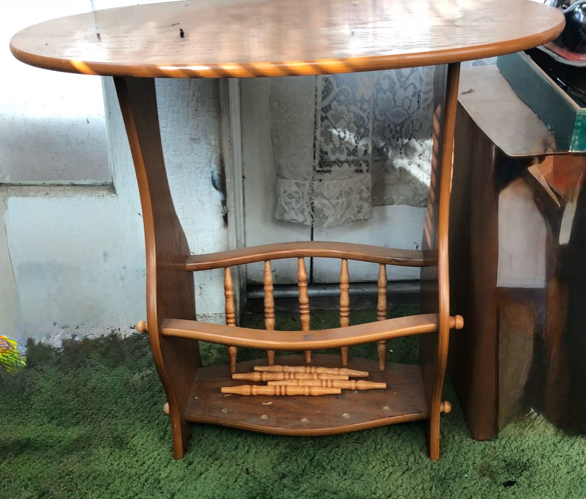 Vintage MidCentury Modern Oval Oak End Table with Magazine Rack - photo 2
