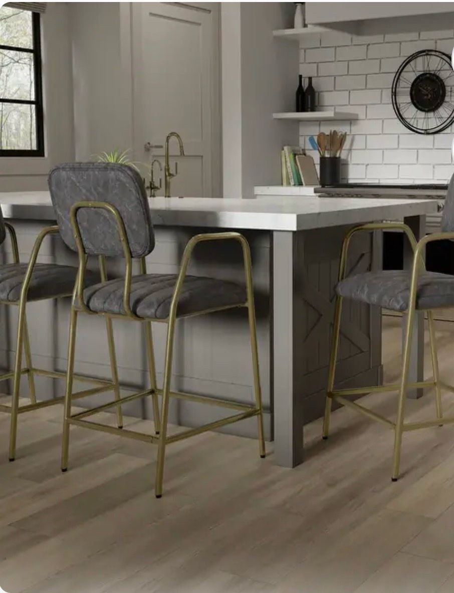Set of 3 Modern Dark Gray Faux Suede & Gold Bar Stools
