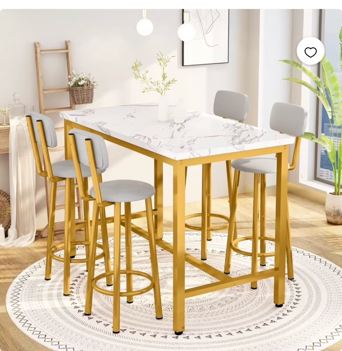 5-Piece Bar Height Dining Set (White Faux Marble & Gold metal)