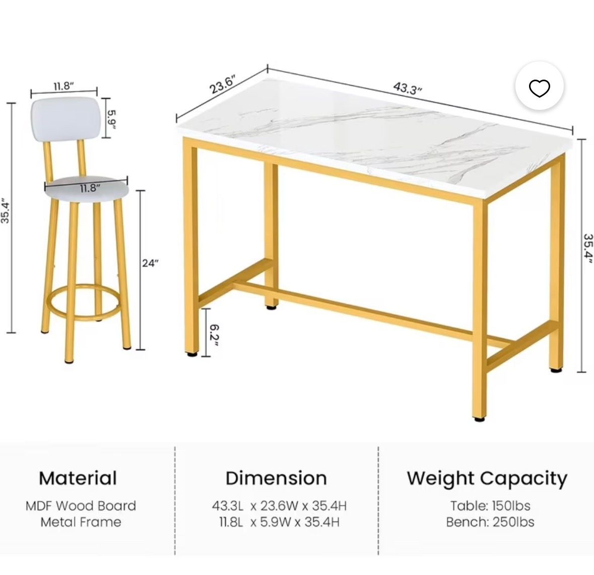 5-Piece Bar Height Dining Set (White Faux Marble & Gold metal) - photo 3